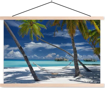 Produktbild von MuchoWow® Textilposter Strand - Sommer - Hängematte 120x80 cm mit holzfarbenen Rahmen - Aufhängeset