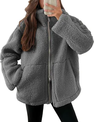Produktbild von ASKSA Damen Teddy Fleece Jacke Warme Flanell Jacke Dicke Freizeit Winterjacke Einfarbig Fleecejacke mit Taschen Reissverschluss Wintermantel,Dunkelgrau,M