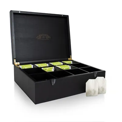 Produktbild von Nimma Teebox Schwarz aus Bambus (12 Fächer) – Edler Tee-Organizer aus Holz mit Magnetverschluss