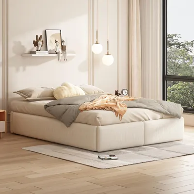 A bedroom scene with a bed, shelf, and window.