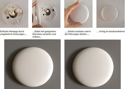 Collage of images showing the assembly steps of a white circular light fixture.