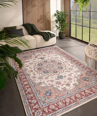 Image de Tapis d'extérieur vintage Unyqoos® Valenca Nova – Crème/Rouge, 200 x 290 cm, lavable, structure 3D pour intérieur et extérieur