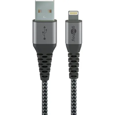 Obrázek produktu pro goobay Lightning na USB-A textilní kabel s kovovými konektory vesmírně šedý/stříbrný 2 m (1 měkké balení)