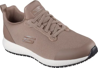 A single taupe Skechers Work shoe is shown from a side angle against a white background.