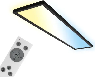 A rectangular LED ceiling light with a black frame is shown, emitting a gradient of yellow to blue light. A white remote control with buttons is placed in the foreground.