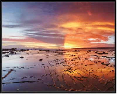 Produktbild von Wallario Wandbild Wattwanderung am Meer bei Sonnenuntergang, Größe: 40,30 x 50,30 cm, Poster mit schwarzem Aluminiumrahmen