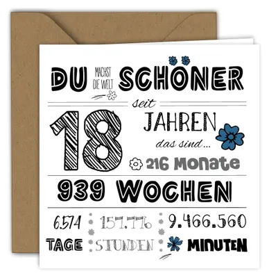 Geburtstagskarte 18 Jahre, Klappkarte 15x15 cm, mit Umschlag