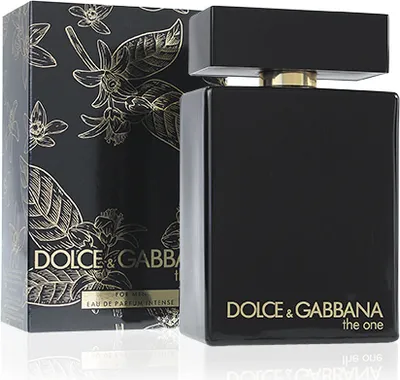 A black bottle of Dolce & Gabbana The One Intense EDP for men and its matching packaging are displayed against a white background.