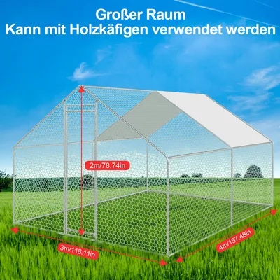 Image de Yakimz 3x4x2m Poulailler Enclos Enclos extérieur pour animaux avec toit d'ombrage en PE, cadre en acier galvanisé, clôture extérieure  pour les poules, les poulaillers, les petits animaux