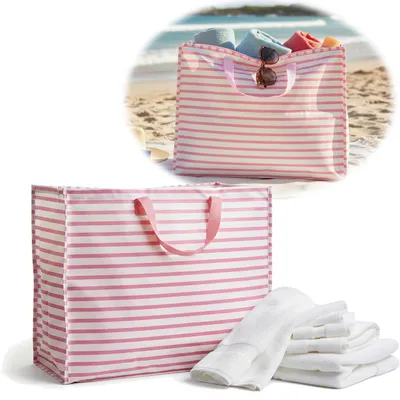 Produktbild von LS-LebenStil XXL Jumbo Bag Rosa Weiß Gestreift 55cm Kunststoff Aufbewahrungstasche Einkaufstasche