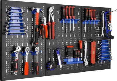 Produktbild von Wandmontierte Werkzeughalterung - Lochwand/Pegboard Werkzeugtafel - Gusseisen - 120x60 cm - Mit Haken - Blau