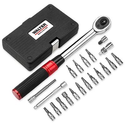Produktbild von WALTER Fahrrad Drehmomentschlüssel Set 2–24 Nm – 21-tlg. Werkzeugset Ratsche mit Bits, 1/4" Umschaltknarre – sicheres Drehmoment Werkzeug für MTB, E-Bike, Rennrad, Scooter
