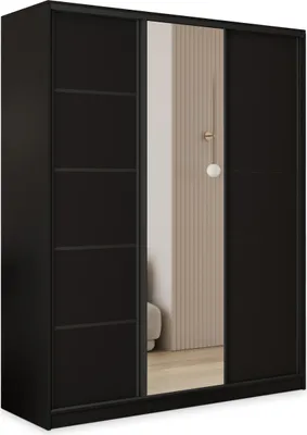 Produktbild von Masseno Schiebetürenschrank PINA 150/205/58 cm Kleiderschrank mit 4 Schubladen Schlafzimmer Schrank 3-türig mit Spiegel Schwarz