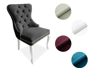 Produktbild von Chesterfield Stuhl MADAME 2 – eleganter Polsterstuhl im Glamour-Stil, Samt Dunkelgrau, Holzbeine in Weiß, Komfortsitz