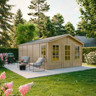 Zdjęcie produktu dla TIMBELA M737 Domek Ogrodowy Drewniany 370x600 cm / 21.97 m2, z 3 Oknami, Gont Bitumiczny, Bez Podłogi