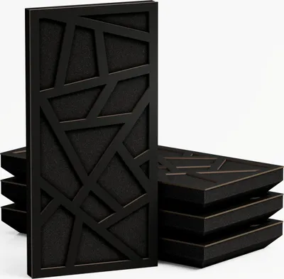 A stack of black acoustic panels with a geometric design.