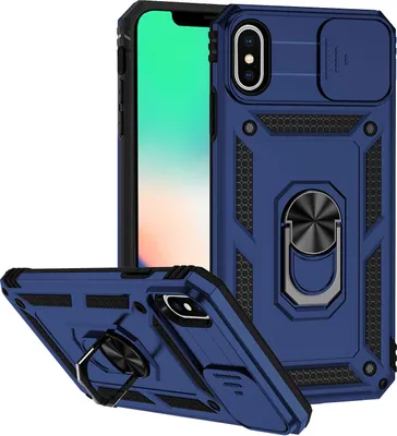 Image de Étui pour iPhone XS Max étui double couche avec couvercle coulissant pour appareil photo et support annulaire bleu