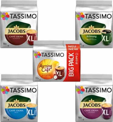 Produktbild von TASSIMO Vielfaltspaket XL Becherportion 5 Sorten Morning Café Mild Crema Intenso