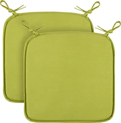 Two green seat cushions are shown from a slightly elevated angle against a white background.