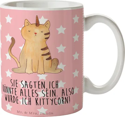 Produktbild von Mr. & Mrs. Panda Kaffeetasse Einhorn Katze - Rot Pastell - Geschenk, Pott, Unicorn, Tasse, Becher, Mieze, Glitzer, Regenbogen, haferl, Teetasse