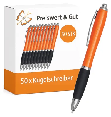 Produktbild von 50 x Kuli in orange/schwarz, blauschreibend Kunststoff mit Druckmechanismus, Kugelschreiber Großraummine – Schreibgeräte