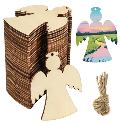Produktbild von Holz Weihnachtsbaumdekoration Engel, 40 Stück, naturbelassen, zum Bemalen, mit Juteschnur, Weihnachtsdeko