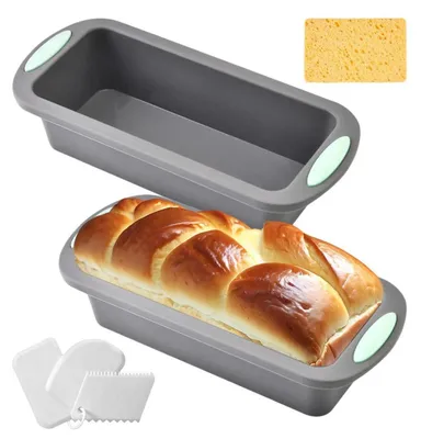 Productafbeelding van 2 stuks siliconen broodvorm, rechthoekig, 27,5 x 12,5 x 6,5 cm, met accessoires