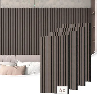 Produktbild von YARDIN Holz Akustik MDF 4er Set 120x60cm 2,88m² Akustikpaneele Schallschutzplatten Schallabsorber Wandverkleidung Wohnzimmer Büro Heimkino Walnuss Braun