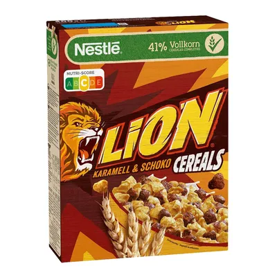 A box of Nestle Lion Cereals with caramel and chocolate.