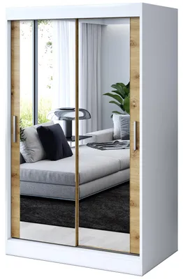 Zdjęcie produktu dla Szafa przesuwna Biały Mat/ Dąb Artisan - 120x200cm - Szafa przesuwna KARL - z 2 lustrami- do sypialni i garderoby