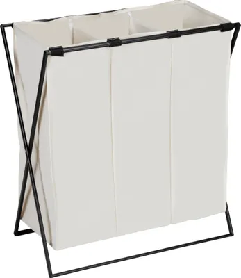 A three-compartment laundry hamper with a black metal frame and beige fabric.