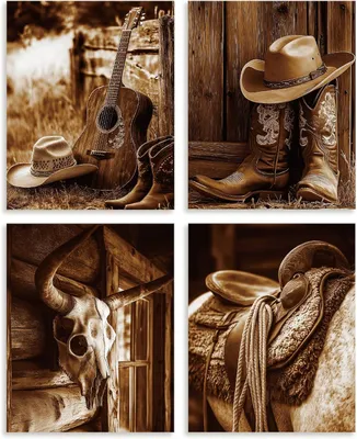 Productafbeelding van Canvas wanddecoraties, western thema, 4-delig, 20x25 cm, cowboymotieven voor wanddecoratie