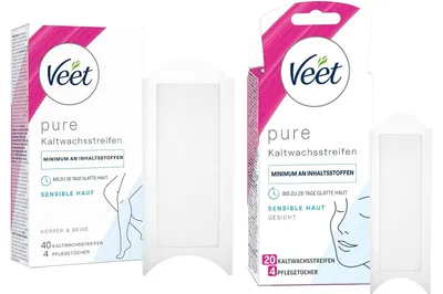 Produktbild von Veet Kaltwachsstreifen Beine sensible Haut 40 Stück + Veet Kaltwachsstreifen Gesicht sensible Haut 20 Stück