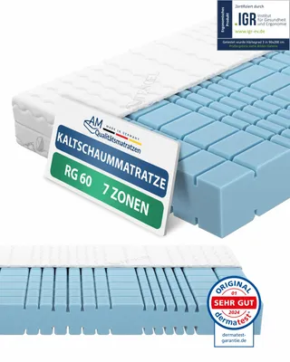 Produktbild von AM Qualitätsmatratzen | Premium 7-Zonen Kaltschaummatratze 160x200 cm | Mittelfest (H3) | Ergonomische Matratze in RG60 | 19 cm Höhe |  Germany | 160 x 200 cm