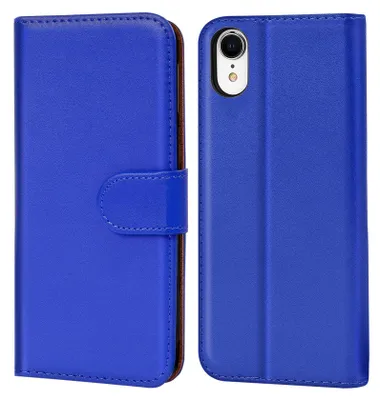 A blue flip case for a smartphone is shown, with the phone inside on the right and the case closed on the left.