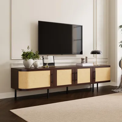 Produktbild von okwish moderner TV-Lowboard mit 4 Türen und Flechtfront, TV-Schrank mit Viel Stauraum und Eisenfüßen,schwarzen Griffen,Nussbaum