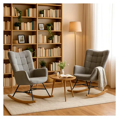 Produktbild von Schaukelstuhl 2er Set, Bequemer Relaxsessel, Schaukelsessel für Wohnzimmer aus Stoff mit Holz- und Metallfüßen