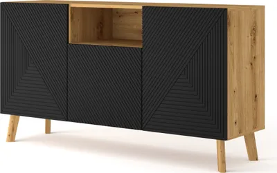 Obrázok produktu pre Komoda LUXI 3D 146 cm Artisan Oak / Black Matt Príborník Skriňa s frézovanými čelami MDF s otvorenými policami Bufet
