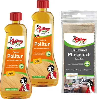 Produktbild von Poliboy fixneu Politur hell - Möbelpolitur für helle lackierte Hölzer - farbauffrischende Holzpolitur - 2x 500ml - Mit Baumwolltuch
