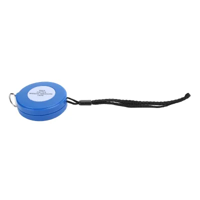 A blue tape measure with a black wrist strap is shown against a white background.