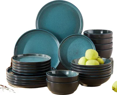 Zdjęcie produktu dla Zestaw naczyń, materiał ceramiczny, wyjątkowa powierzchnia z reaktywną glazurą, NIEBIESKI-b, 24 SZTUKI-a