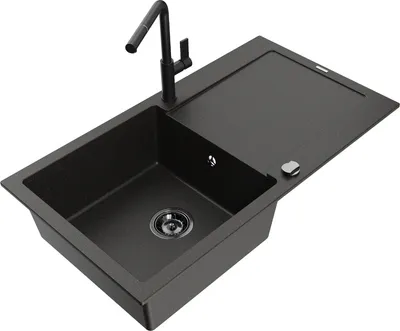 Produktbild von Mexen Leo 1 Becken-Granitspüle mit Abtropffläche und Mischbatterie Flora, Schwarz/Gold metallisch - 6501-75-670401-70-B