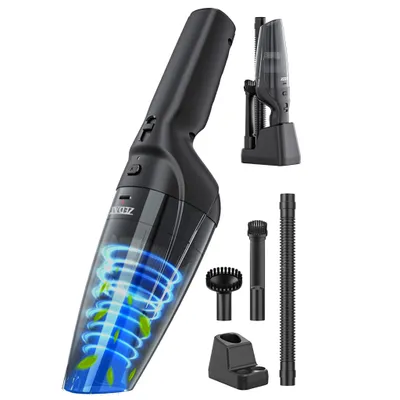 A black handheld vacuum cleaner with various attachments and a charging base, presented against a white background.