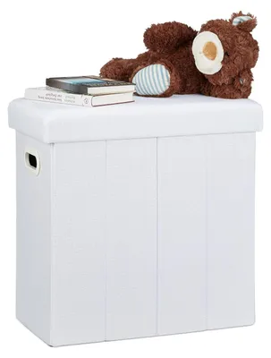 Image de TRANKIELO® - Pouf pliable avec espace de rangement - Lin/polyester, blanc - 49,5 x 46 x 25,5 cm