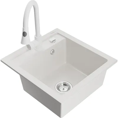 Obrázek produktu pro Mexen Vito 1-miskový granitový dřez s kuchyňskou baterií Elia, Bílá - 6503-20-670101-20