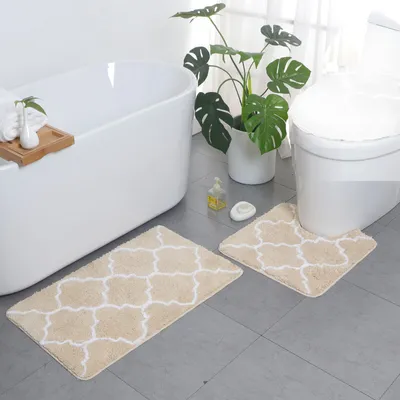 Image de Tapis de bain Ensemble de 2 tapis de salle de bains Tapis de douche combiné antidérapant en microfibre avec tapis de toilette en forme de U - Beige