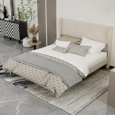 Productafbeelding van MODFU Gestoffeerd bed 160x200, bedframe, multifunctioneel meubel voor de slaapkamer met een laag voeteneinde en hoofdeinde, tweepersoonsbed met zacht hoofdeinde, zonder matras, beige