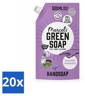 Imagen del producto de 20 unidades de jabón líquido para manos "Marcel's Green Soap", recambio, aroma lavanda y romero, 500 ml, pack económico