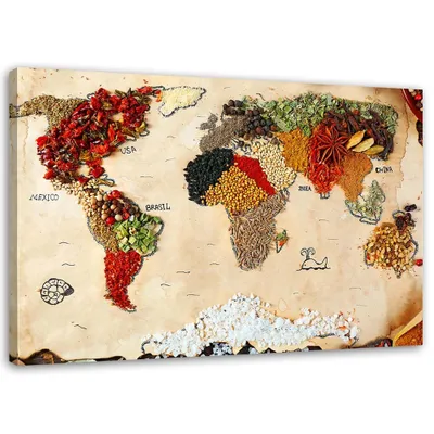 Produktbild von Leinwandbild weltkarte aus gewürzen 120x80 cm Feeby braun wandbild bereit zum aufhängen
