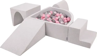 Produktbild von KiddyMoon spielplatz aus schaumstoff mit viertel eckig bällebad (300 bälle) hindernisläufe, hellgrau:perle/grau/transparent/puderrosa